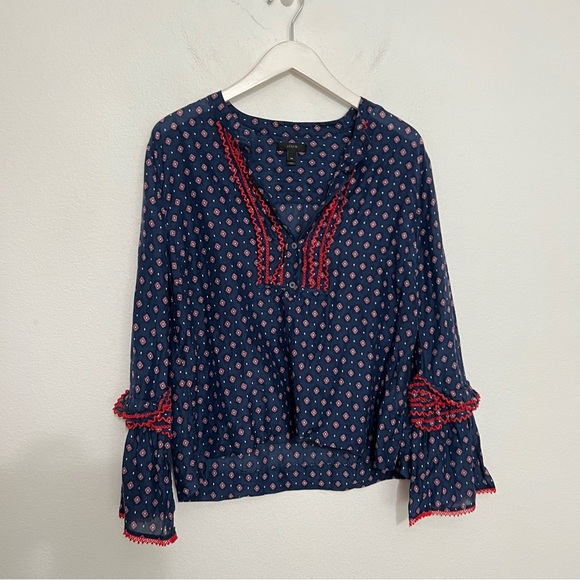 EUC-J Crew Embroidered Bell Sleeve Top Blue Red Printed Long Sleeve Blouse - Picture 4 of 9